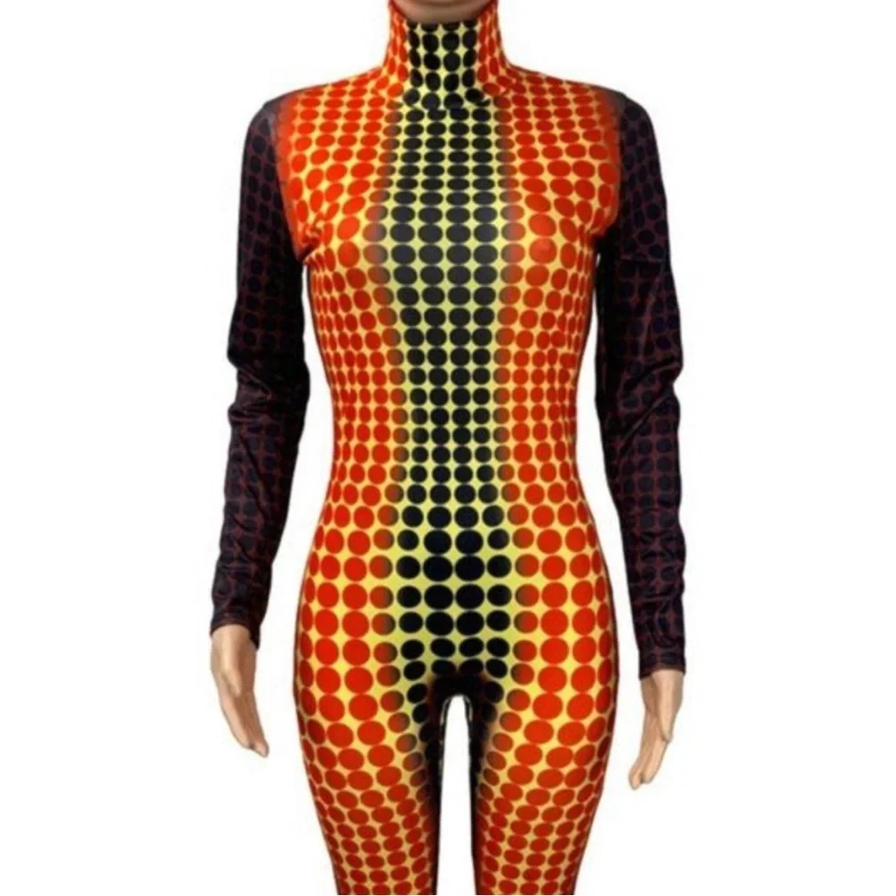 Polka-Dot Illusion Bodycon Zip Front Onesie Jumpsuit Catsuit - Picture 9 of 11
